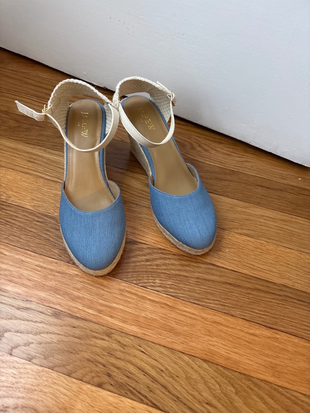 JCrew ANKLE-STRAP ESPADRILLE WEDGES, Chambray, Sz 8, NWOB